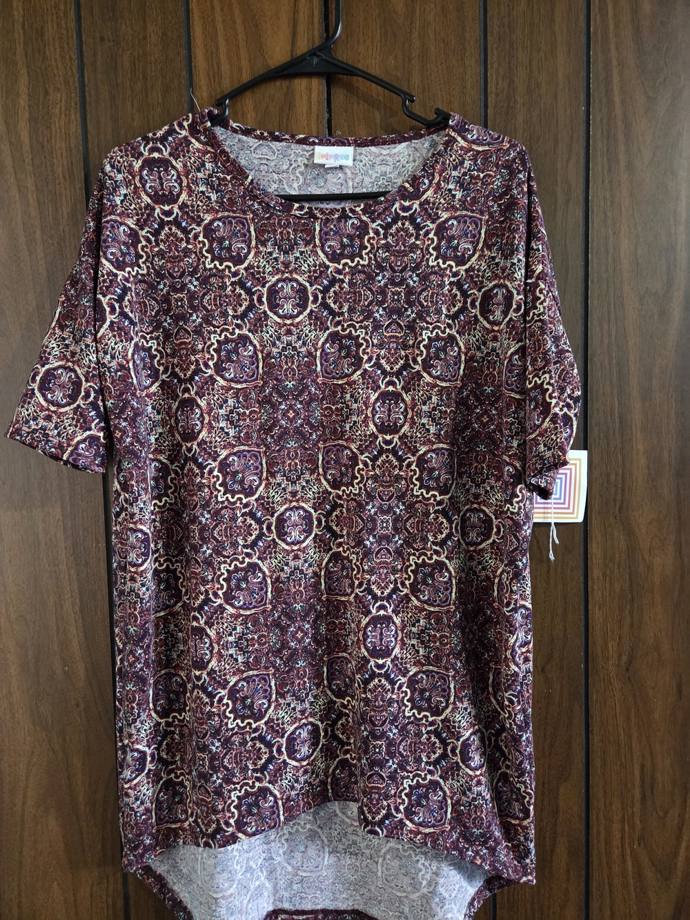 LuLaRoe Burgundy Multi-Pattern Short Sleeve Tee